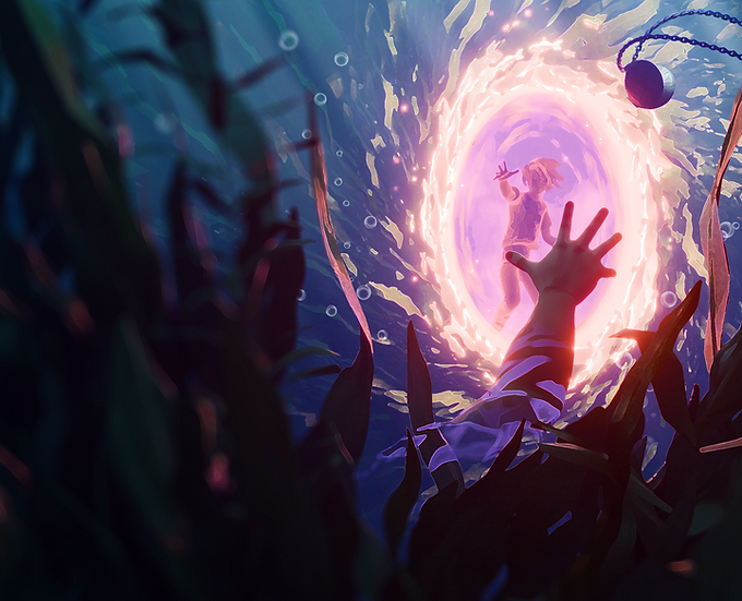 Unterwasser-Keyart zu Echoes of Mora mit dem versunkenen Dorf