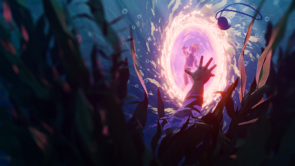 Unterwasser-Keyart zu Echoes of Mora mit dem versunkenen Dorf