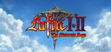 Logo von Lufia I & II The Sinistrals Saga vor einer Fantasy-Landschaft