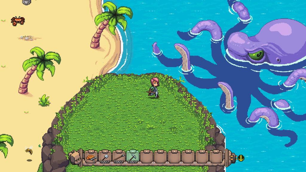 Die Spielfigur von Mayday: The Survival Island steht auf einer Pixelinsel vor einer riesigen violetten Meereskreatur.
