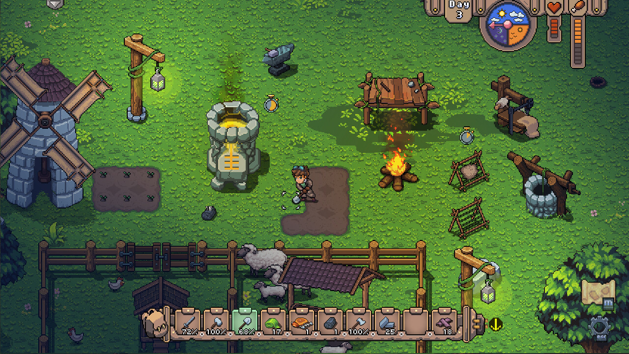 Ein ausgebautes Insellager in Mayday: The Survival Island mit Windmühle, Lagerfeuer und verschiedenen Handwerksstationen.