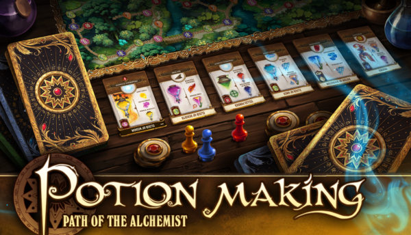 Offizielles Keyart zu Potion-making: Path of the Alchemist mit alchemistischer Spielwelt