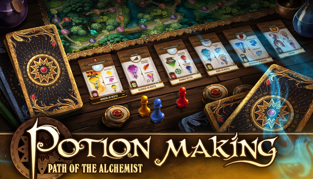 Offizielles Keyart zu Potion-making: Path of the Alchemist mit alchemistischer Spielwelt