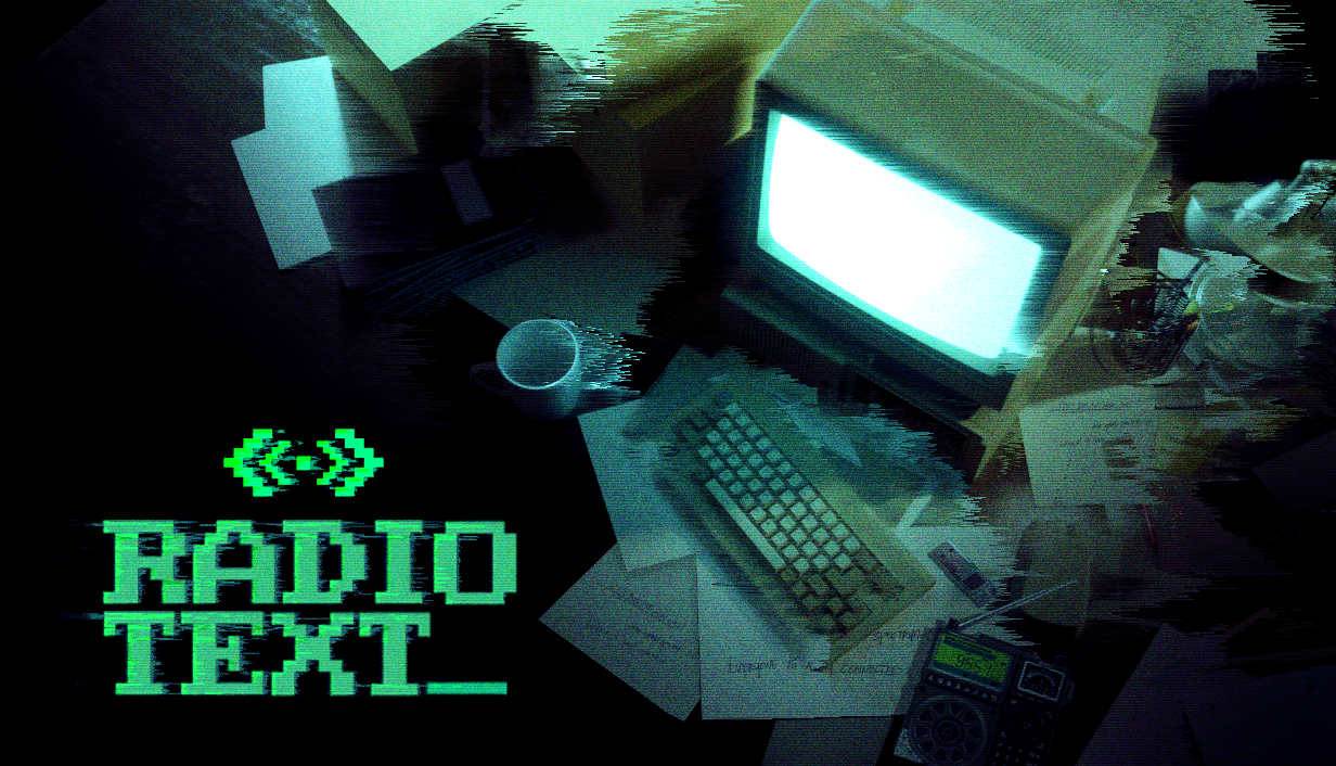 Radiotext-Keyart mit Retro-Computer und grünem Spieltitel