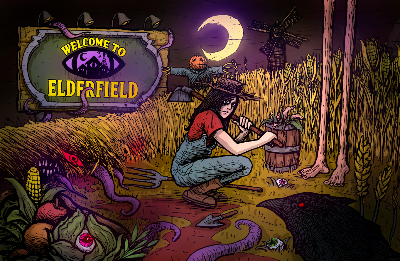 Protagonistin im unheimlichen Maisfeld auf dem offiziellen Keyart von Welcome to Elderfield