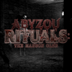Dunkles Keyart zu Abyzou Rituals: The Manson Case mit rotem Logo vor einer körnigen Schwarz-Weiß-Szene