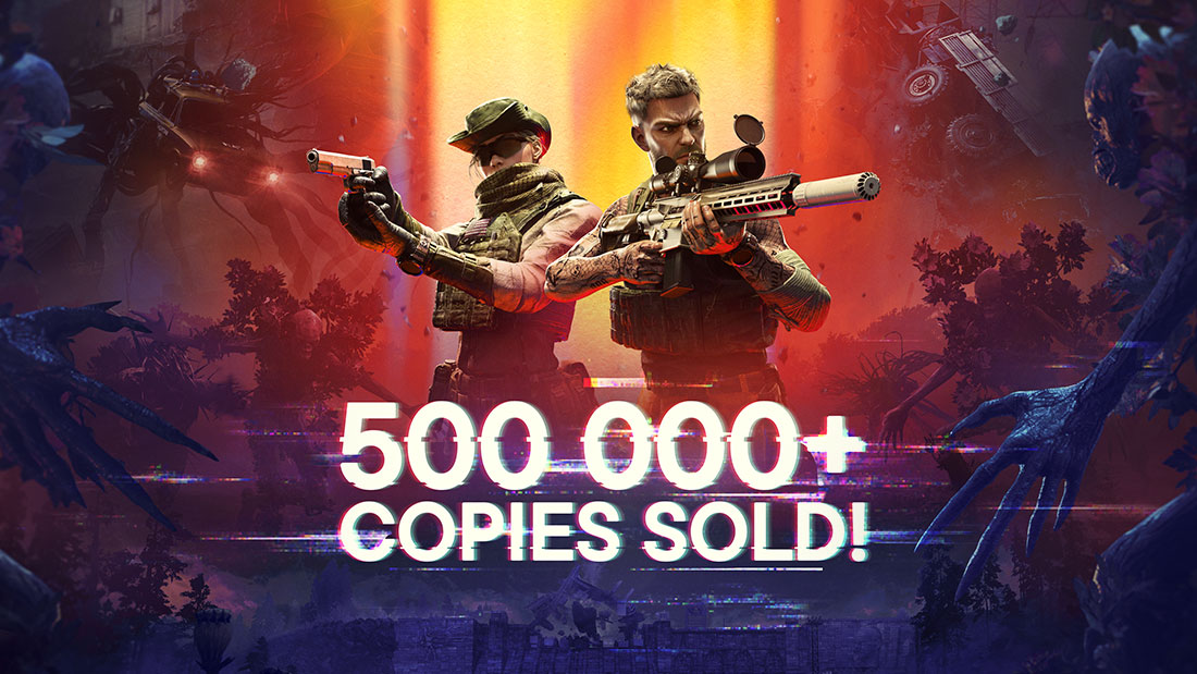 Zwei bewaffnete Einsatzkräfte vor einer leuchtenden Kulisse mit dem Schriftzug 500.000+ Copies Sold zu Active Matter