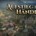 Das Logo Aufstieg der Händler über einer mittelalterlichen Handelsstadt