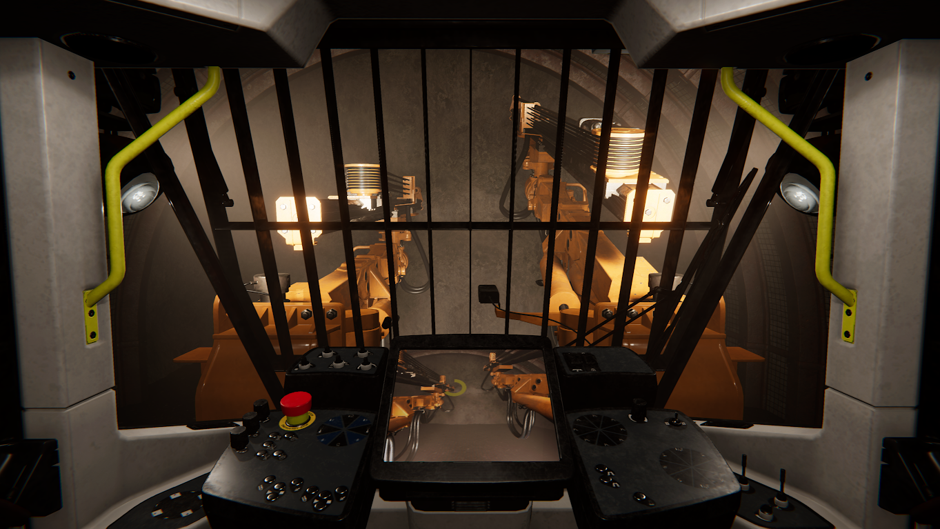 Blick aus dem Führerstand einer Bergbaumaschine in BERGWERK – A Mining Sim