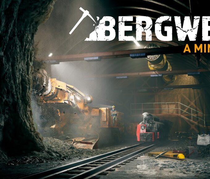 Schwere Bergbaumaschinen und eine Grubenbahn im offiziellen Keyart zu BERGWERK – A Mining Sim