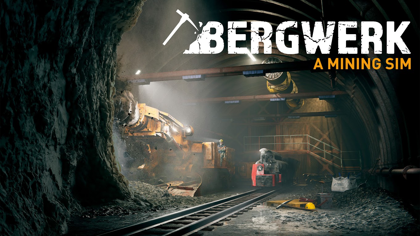 Schwere Bergbaumaschinen und eine Grubenbahn im offiziellen Keyart zu BERGWERK – A Mining Sim