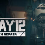 Logo von Bay 12: Mech Repair vor einem massiven Kampfmech in der Werkstatt