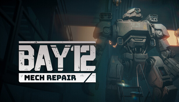 Logo von Bay 12: Mech Repair vor einem massiven Kampfmech in der Werkstatt