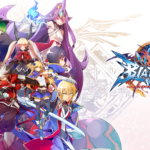 Figurenensemble mit Ragna und Jin neben dem Logo von BlazBlue: Central Fiction