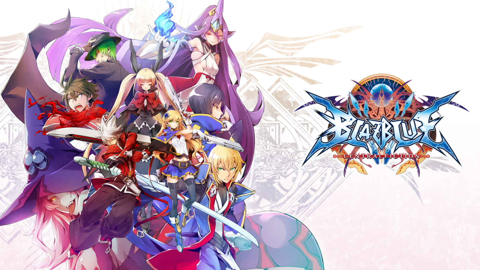 Figurenensemble mit Ragna und Jin neben dem Logo von BlazBlue: Central Fiction