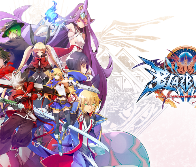 Figurenensemble mit Ragna und Jin neben dem Logo von BlazBlue: Central Fiction