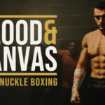 Verletzter Bareknuckle-Boxer neben dem Logo von Blood & Canvas: Bareknuckle Boxing