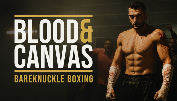 Verletzter Bareknuckle-Boxer neben dem Logo von Blood & Canvas: Bareknuckle Boxing