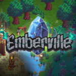 Das Emberville-Logo vor Szenen aus Wald, Dorf und Kerker