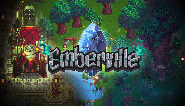 Das Emberville-Logo vor Szenen aus Wald, Dorf und Kerker