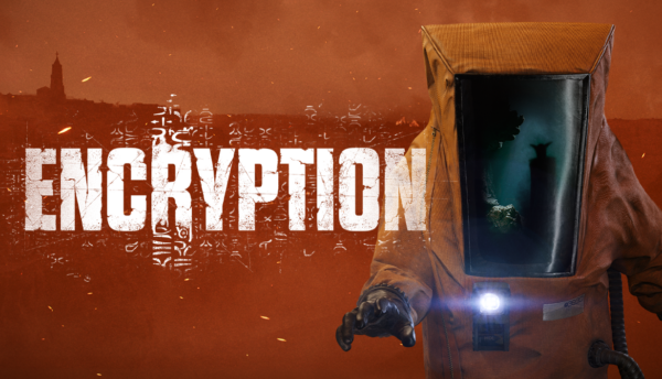 Eine Person in Schutzkleidung vor der brennenden Kulisse von Matera im Keyart zu Encryption