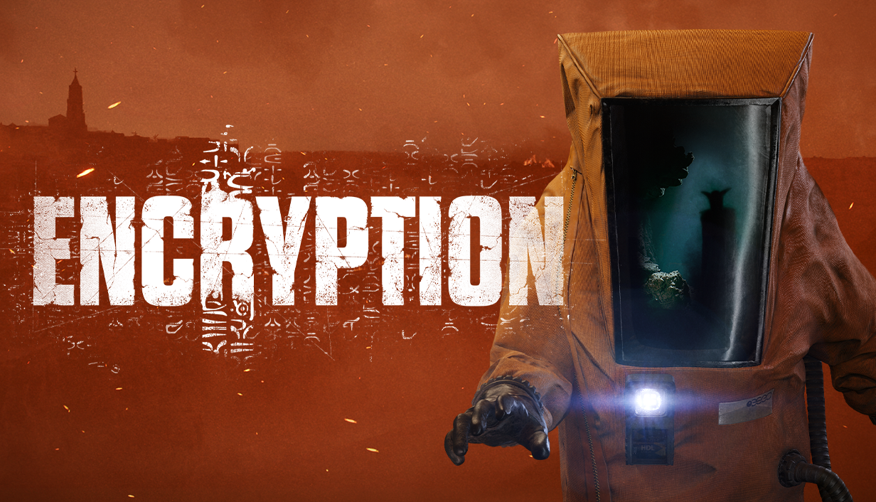 Eine Person in Schutzkleidung vor der brennenden Kulisse von Matera im Keyart zu Encryption