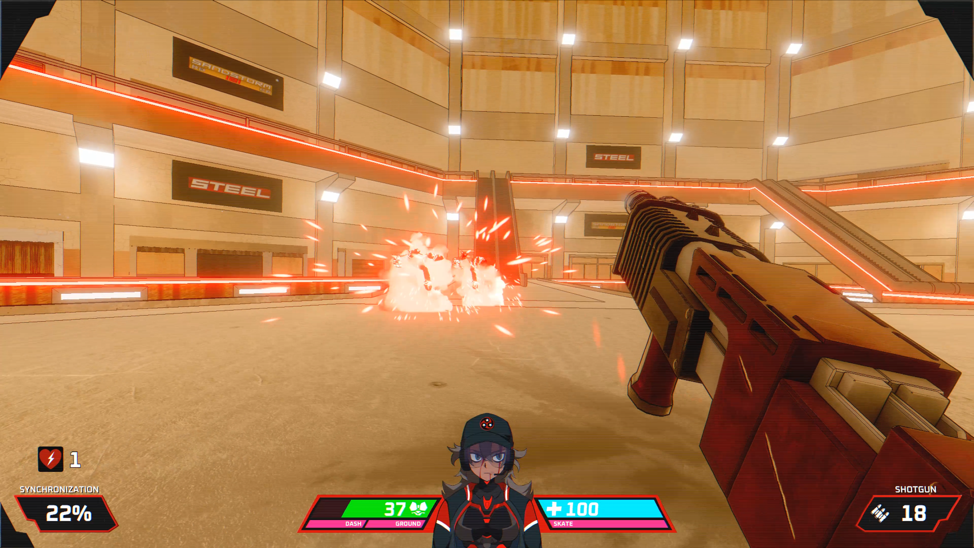 Kera feuert in einer Arena von FIRESTARTERS auf Androiden