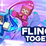 Die blaue und die pinke Spielfigur von FLING UP TOGETHER schwingen an einem Seil neben dem Spieltitel