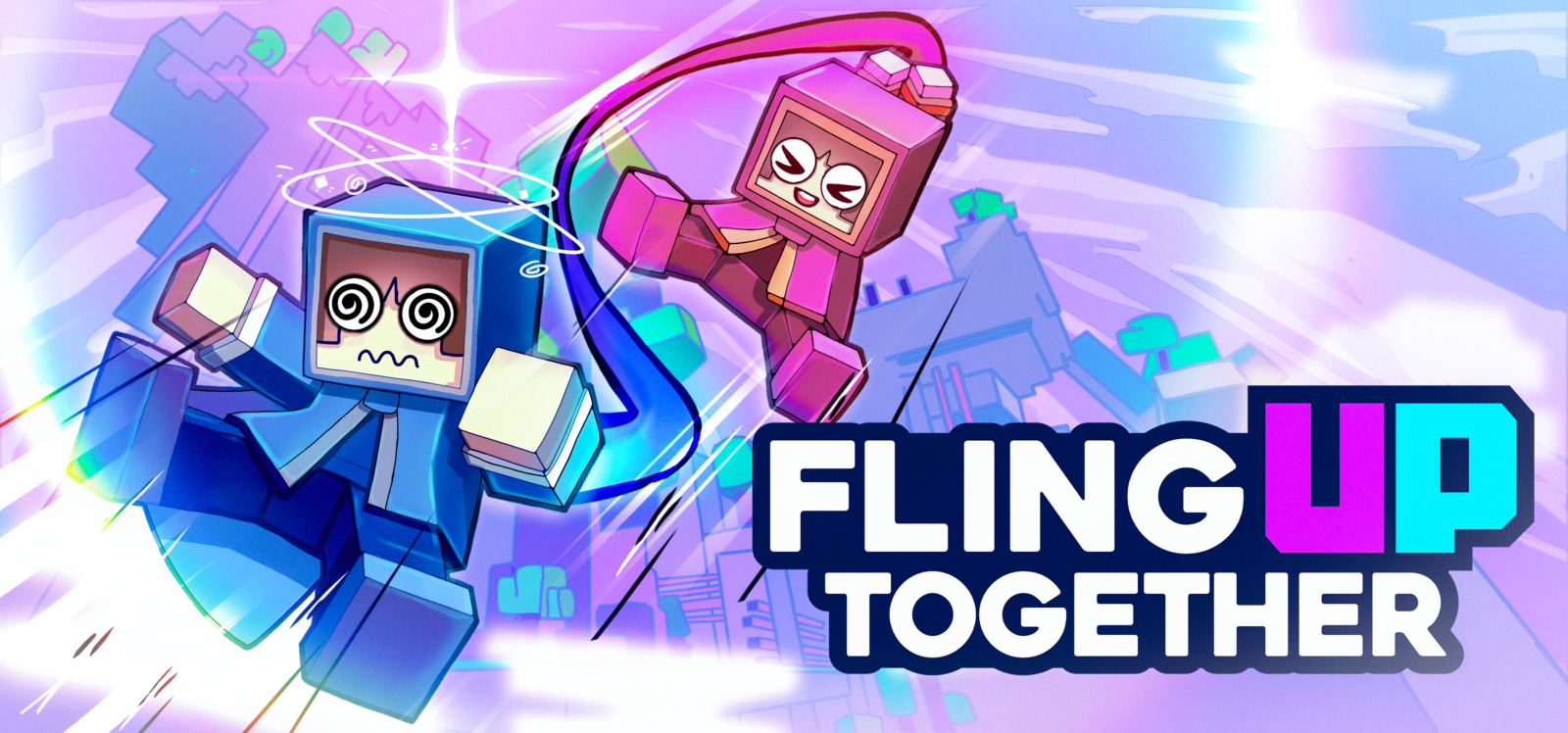 Die blaue und die pinke Spielfigur von FLING UP TOGETHER schwingen an einem Seil neben dem Spieltitel