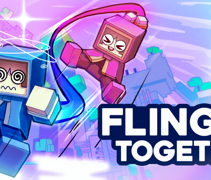 Die blaue und die pinke Spielfigur von FLING UP TOGETHER schwingen an einem Seil neben dem Spieltitel