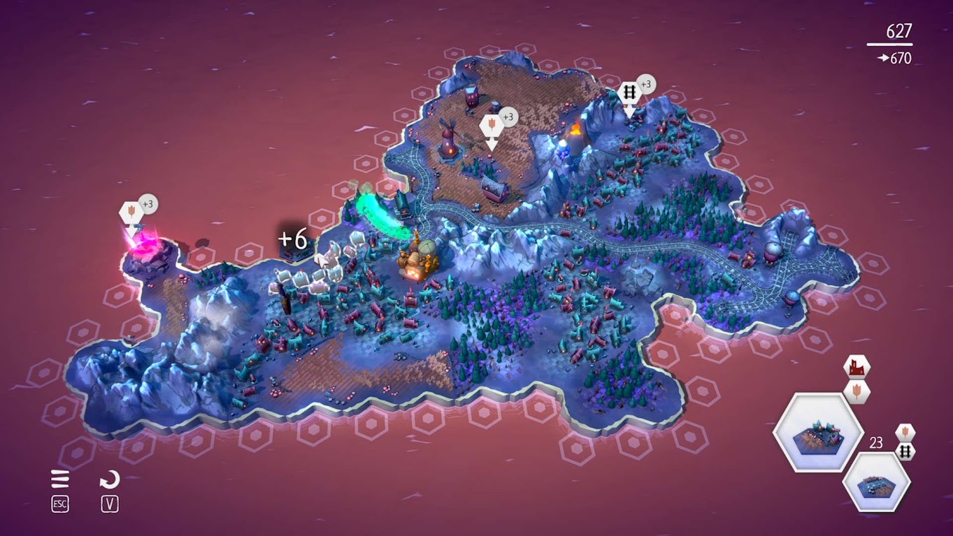 Eine aus Hexfeldern gebaute Landschaft mit Wäldern, Gebirgen und Bahnstrecken in Fangtopia