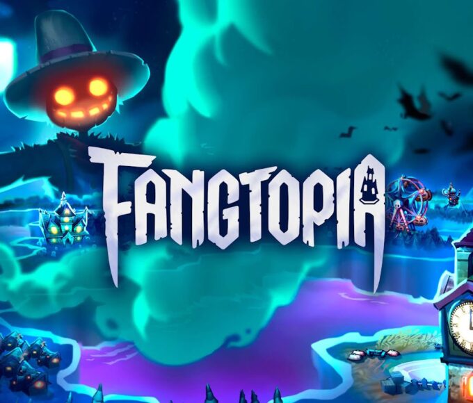 Spukgestalten und das Fangtopia-Logo über einer farbenfrohen Kachelwelt