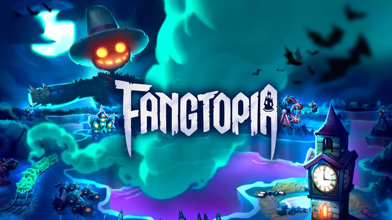 Spukgestalten und das Fangtopia-Logo über einer farbenfrohen Kachelwelt