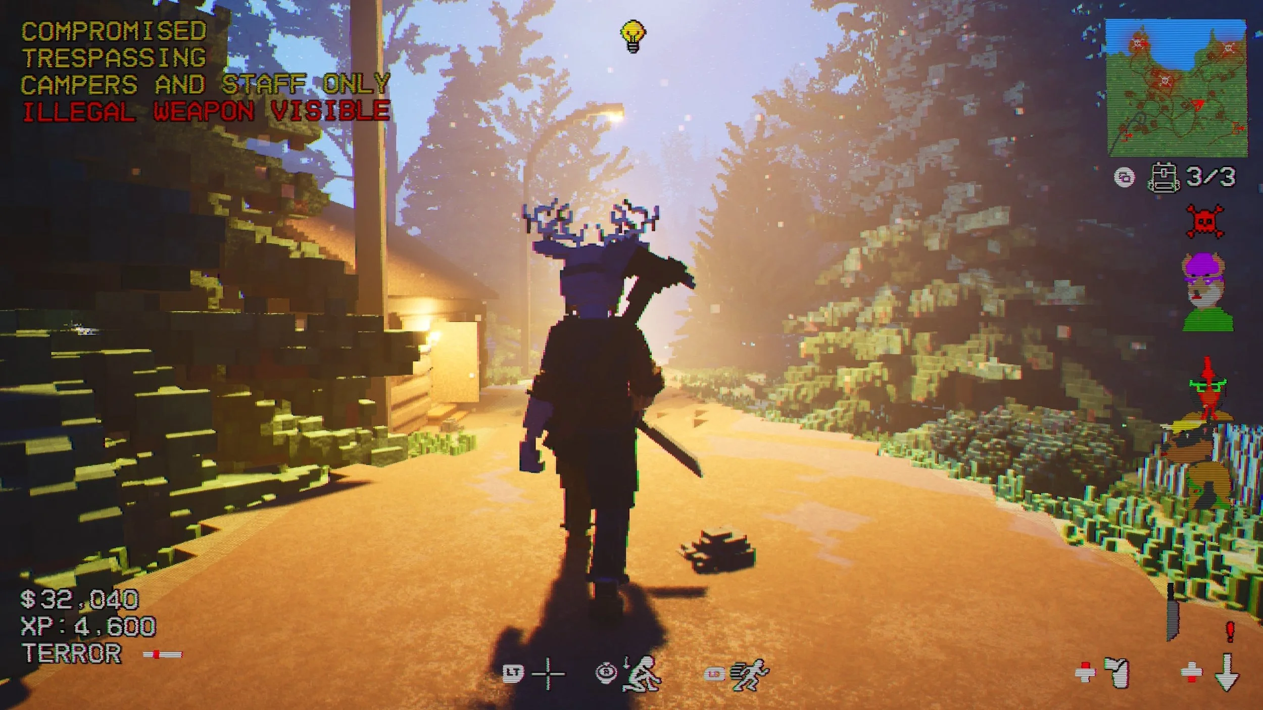 Ein maskierter Jäger streift in Gone Feral durch ein sommerliches Ferienlager
