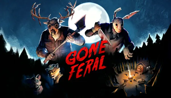 Offizielles Keyart zu Gone Feral mit maskierten Slasher-Figuren vor einem Vollmond