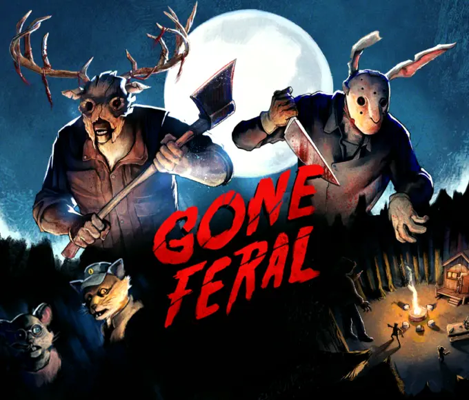 Offizielles Keyart zu Gone Feral mit maskierten Slasher-Figuren vor einem Vollmond
