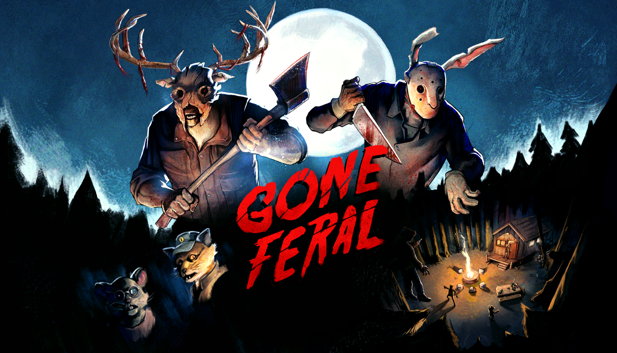 Offizielles Keyart zu Gone Feral mit maskierten Slasher-Figuren vor einem Vollmond