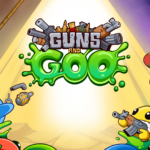 Buntes Keyart zu Guns & Goo mit bewaffneten Schleimfiguren rund um das Spiellogo