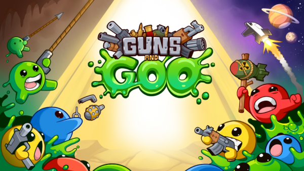 Buntes Keyart zu Guns & Goo mit bewaffneten Schleimfiguren rund um das Spiellogo