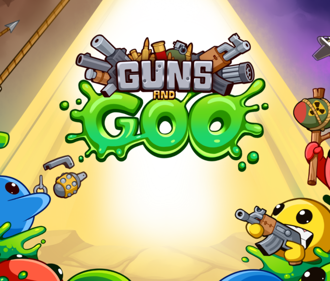 Buntes Keyart zu Guns & Goo mit bewaffneten Schleimfiguren rund um das Spiellogo