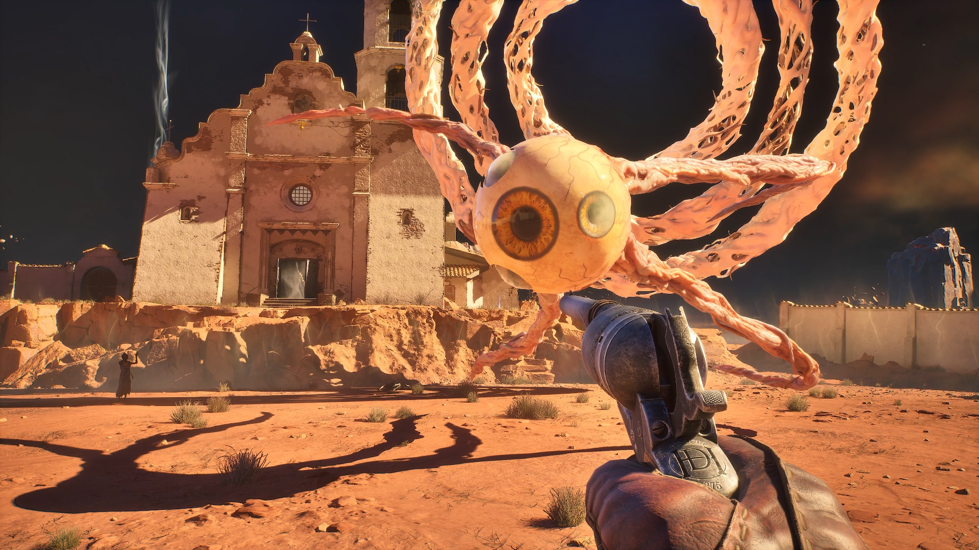 Ein Gunslinger zielt in Guns of Eschaton auf ein schwebendes Augengeschöpf vor einer verfallenen Kirche