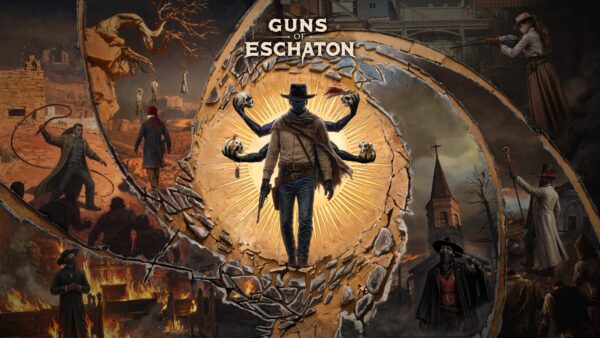 Gunslinger im apokalyptischen Wilden Westen auf dem Keyart von Guns of Eschaton