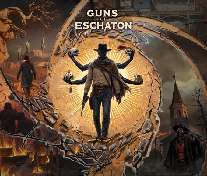 Gunslinger im apokalyptischen Wilden Westen auf dem Keyart von Guns of Eschaton