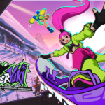 Eine pinkhaarige Snowboarderin springt im offiziellen Keyart zu HYPERyuki: Snowboard Syndicate über eine verschneite Piste.