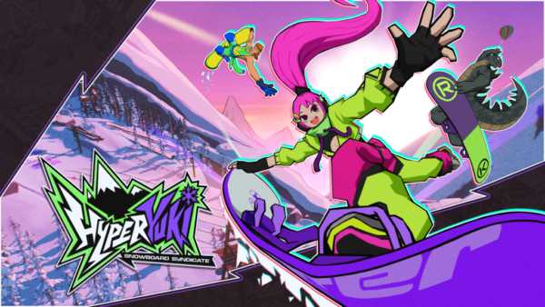 Eine pinkhaarige Snowboarderin springt im offiziellen Keyart zu HYPERyuki: Snowboard Syndicate über eine verschneite Piste.
