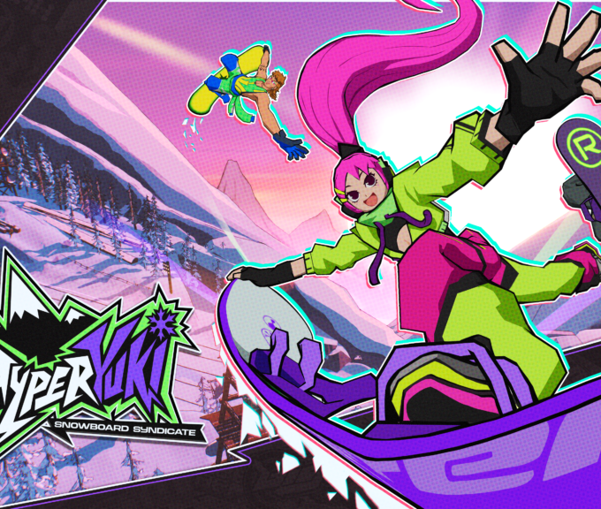 Eine pinkhaarige Snowboarderin springt im offiziellen Keyart zu HYPERyuki: Snowboard Syndicate über eine verschneite Piste.
