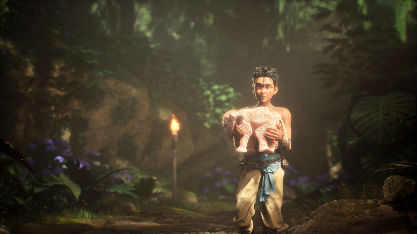 Vimal trägt den Baby-Elefanten Hanno durch einen Wald in Hanno: A Magical Tale