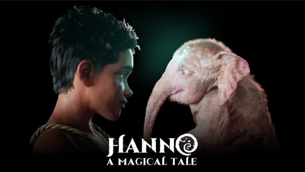 Vimal und der Baby-Elefant Hanno stehen sich im Keyart zu Hanno: A Magical Tale gegenüber