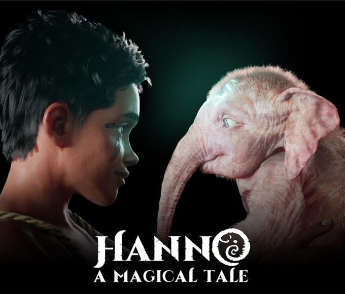 Vimal und der Baby-Elefant Hanno stehen sich im Keyart zu Hanno: A Magical Tale gegenüber