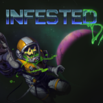 Offizielles Keyart zu Infested DX mit Astronaut und Spielschriftzug